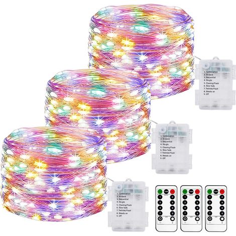 Guirnalda de luces LED a pilas de 3 m y 100 LED con mando a distancia, 8 modos de temporizador, IP65, resistente al agua, ideal para decoración de interiores y exteriores, dormitorios, Navidad, bodas  (1/5)