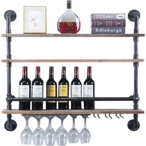 Vintage Flasche Wandhalter - Industrie Wand Glashalter - 3 Etagen Industrie Wandhalter - Holz und Metall Flaschenhalter