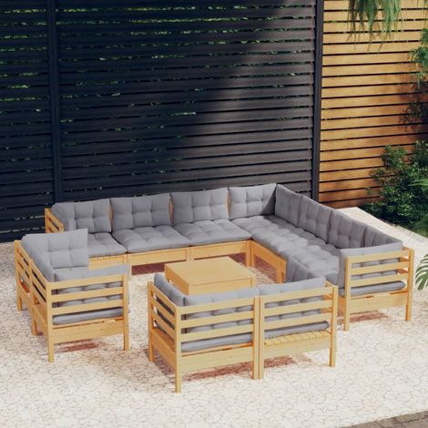 12 pcs Salon de jardin Salon d'extérieur Ensemble Meuble de Jardin Mobilier d'Extérieur avec coussins gris Bois de pin solide XFNRX325177 (1/5)