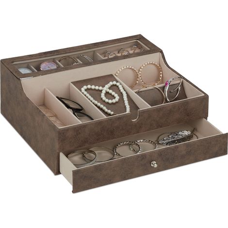 Relaxdays Joyero, Efecto Piel, Funda de Terciopelo, Organizador de Joyería Hombre y Mujer, 13 x 34 x 31 cm, Marrón