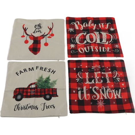 Ensemble de 4 housses de coussin de Noël, 45 x 45 cm, orné de cerfs, de flocons de neige et de bonshommes de neige. Housses de coussin en lin doux et confortable, idéales pour les canapés.