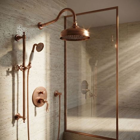 Système de douche PaulGurkes en cuivre, style antique, ensemble de douche encastré avec douche pluie