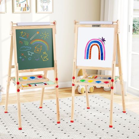 COSTWAY 3 in 1 Cavalletto per Bambini, Cavalletto Artistico in Legno con Doppia Faccia Magnetico, Lavagna Bianca, Lavagna Nera e Rotolo di Carta, Pieghevole e Altezza Regolabile (1/5)
