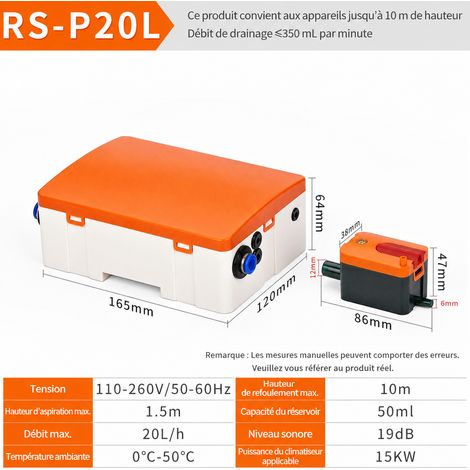 Pompe de relevage des condensats RS-P20L pour climatiseur plafonnier rs-p20l 0.54 10 0.125 10 × 12 × 20 cm 1 kg – Livraison gratuite