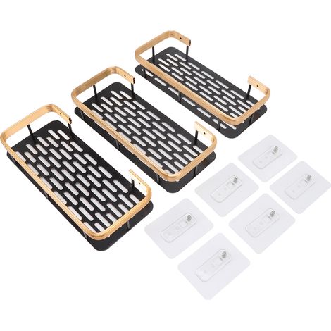Étagère de Douche 3 Niveaux Aluminium Rectangulaire, Panier de Rangement pour Salle de Bain Noir et Or (1/5)