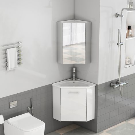 Ensemble de meubles de salle de bain, meuble de salle de bain d’angle avec vasque et armoire miroir, design compact, blanc brillant (1/5)