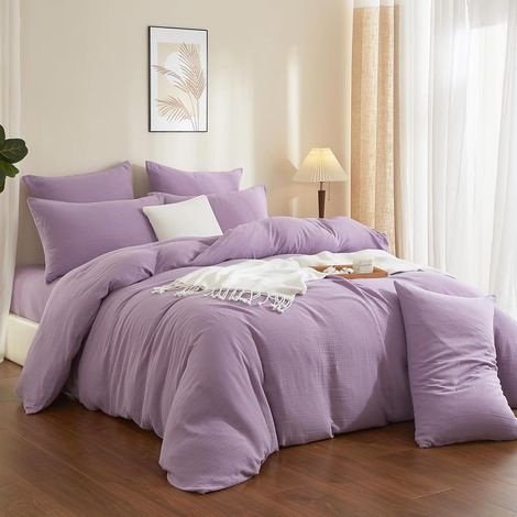 1 Parure de lit, Housse de couette 240x260 cm, Coton gazeux violet, Respirant, Taies 65x65 cm, Chambre double