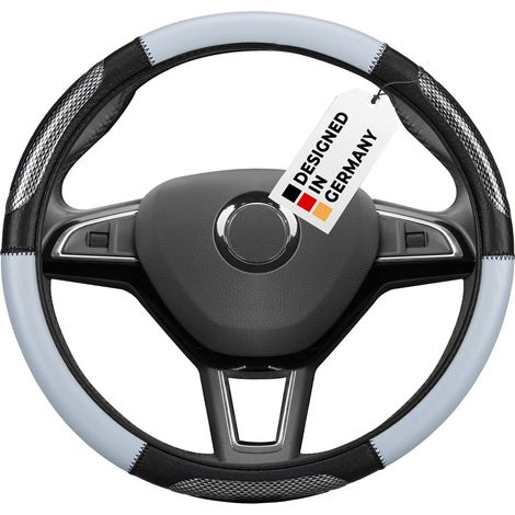 alca® Auto Lenkradhülle Luxus grau/schwarz 37-39 cm sportlich Lenkradschoner creme-farben schwarz weiches Leder Universal griffsicher rutschfest bequem (1/5)