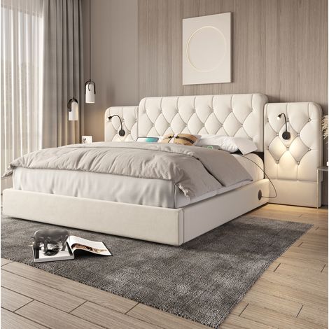 Lit coffre 160x200 relevable velours beige HAVRYA (1/5)