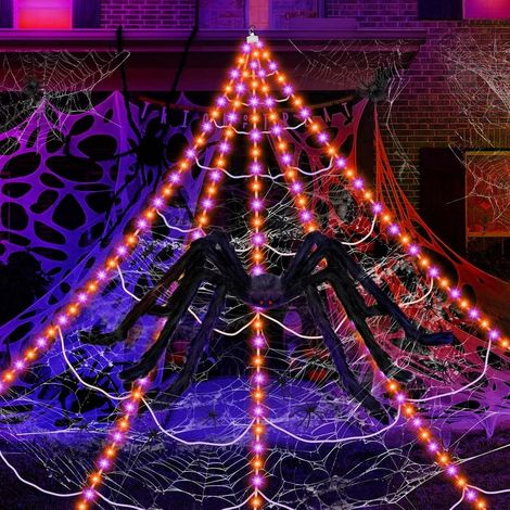 GDHZS-  Giant Halloween Fausse Araignée Ensemble 5m Réseau Triangulaire Blanc avec éClairage Orange Violet 2m Fausse Araignée Araignées pour Halloween Fêtes (1/5)