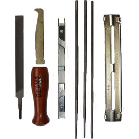 Kit d'affûtage pour chaîne de tronçonneuse – Curette, jauge de profondeur, porte lime, 3 limes rondes – Affûtage précis pour bois dur – Ozaki