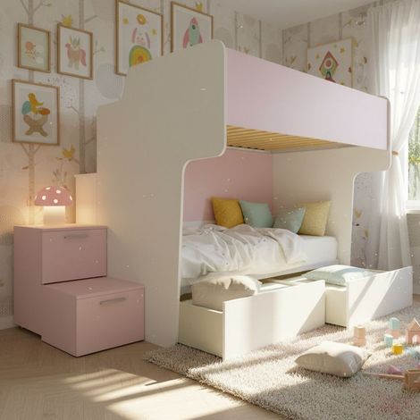 Letto a castello salvaspazio con rete superiore da una piazza e mezza e scala laterale - bianco e cipria (1/5)