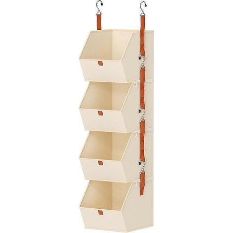Organisateur de placard suspendu à 4 niveaux, étagères pour vêtements, système de rangement gain de place, paniers de rangement en tissu beige pour chambre (1/5)