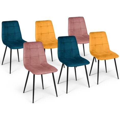 Idmarket – Lot de 6 chaises en velours mix – Couleurs bleu, jaune ocre, rose – Dossier haut 45 cm – Pieds métal noir mat – Dimensions 55x46x88 cm (1/5)