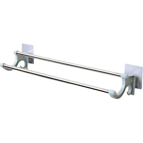Porte-serviettes double mural, fixation adhésive sans perçage, barres en acier inoxydable, plastique vert résistant, installation facile pour salle de bain et cuisine. (1/5)