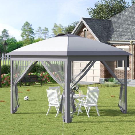 Pavillon de jardin 330x330x288 cm gris en métal avec éclairage LED, moustiquaires et protection solaire (1/5)