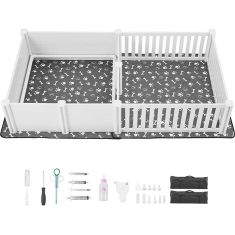 Boîte de mise-bas pour chien, 237x123x46 cm, parc en PVC lavable avec porte réglable en hauteur, 2 compartiments, adapté aux grandes races, blanc cassé. (1/5)