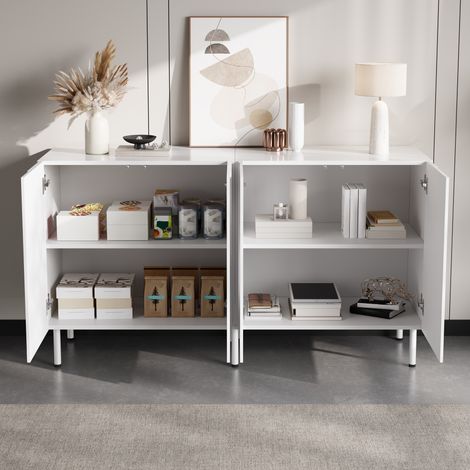 Meuble TV buffet moderne, portes galbées 3D sans poignées, pour salon ou entrée, en panneaux de particules et MDF, pieds métalliques. (1/5)