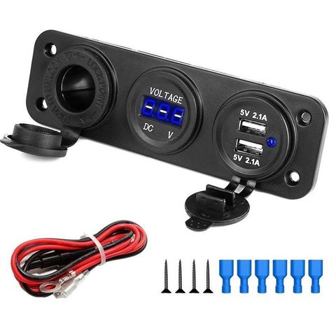 Chargeurs pour automobile 3 en 1 Marine Switch Panel,Allume-Cigare et Voltmètre numérique Étanche (Entrée 12-24V vers Sortie 3.1A et allume-cigare) avec kit de câbles de connexion pour Moto, Bateau (1/5)