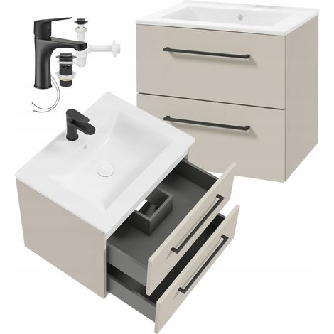 Badezimmerschrank mit Waschbecken und schwarzer Armatur, hängend, Kaschmir, 60 x 50 cm, Pinia (1/5)