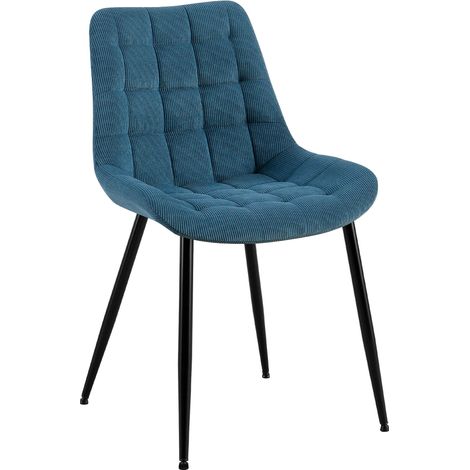 Chaise de salle à manger x1 rembourrée à coutures décoratives en velours côtelé bleu pieds métal noir 100008263