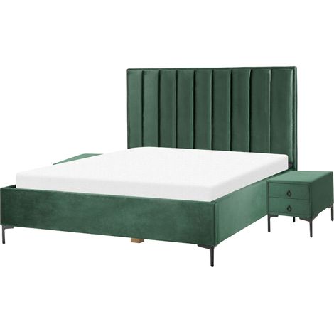 Ensemble de Chambre Lit Coffre Double 180 x 200 cm et 2 Tables de Chevet Velours Vert Foncé Sezanne