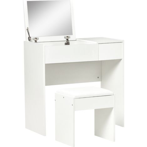 Makeup Desk with Drawer, Vanity Table Set with Flip-up Mirror and Cushioned Stool, White
