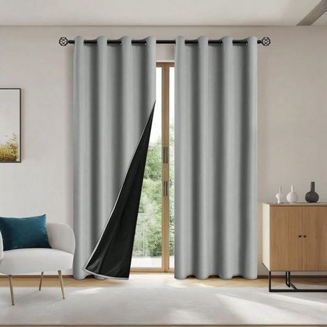 Lot de 2 rideaux occultants - Isolation thermique et phonique - Occultation totale - Protection solaire et UV - Prêts à poser - 132 x 213 cm - Gris (1/5)