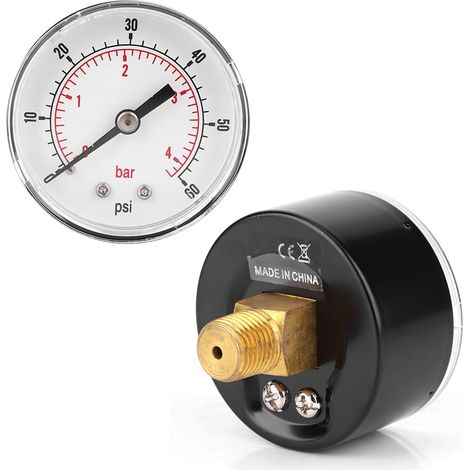 Manomètre à cadran de 50 mm, raccord arrière 1/4 BSPT pour air, eau, huile et gaz (0-60 PSI 0-4 Bar) (1/5)
