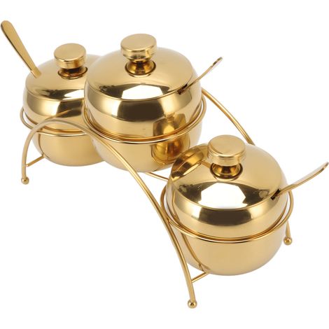 Ensemble de pots à épices en acier inoxydable avec cuillère et support de rangement doré (1/5)