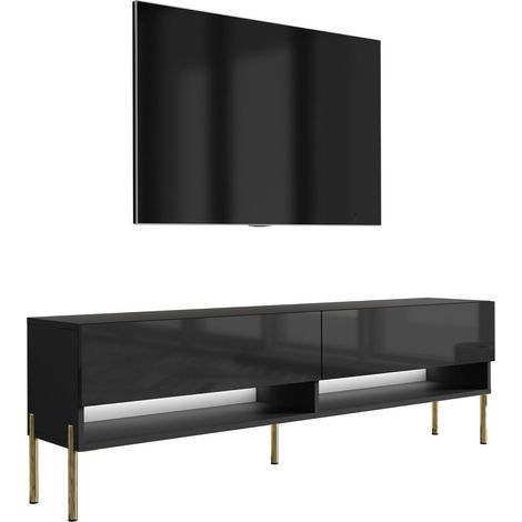 Meuble TV : Noir Mat / Noir Brillant, pieds droits dorés, LED blanche, 170 × 32 × 52 cm (1/5)
