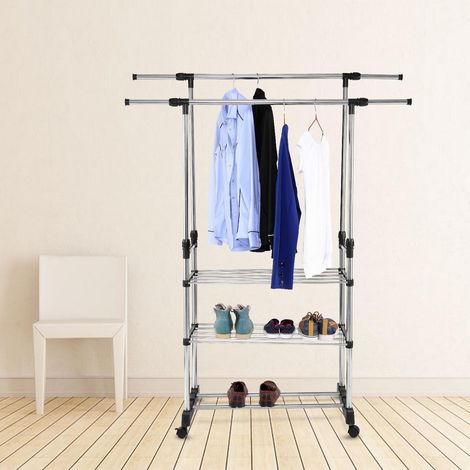 Porte-Manteau à Roulettes Réglable Portant à Vêtements Double Barre Tringle Extensible avec 3 Étagères (1/4)