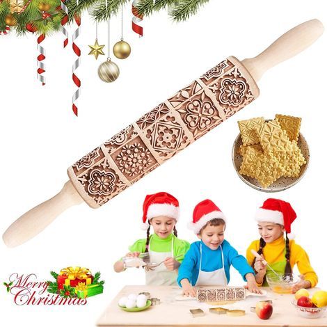 Rouleau à Pâtisserie En Relief,Rouleau à pâtisserie en Bois,Rouleau De NoëL En Relief,3D Rouleau Gravé de Noël,Pour Outil à pâtisserie Cuisine gravé en Relief DIY Noël Décor Gâteau, Pâte, Pizza (1/5)