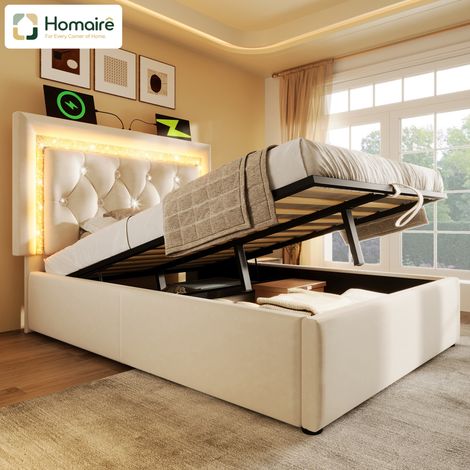 Cadre de lit en velours beige avec rangement et port USB 209 x 101 x 104 cm HOMAIRE (1/5)