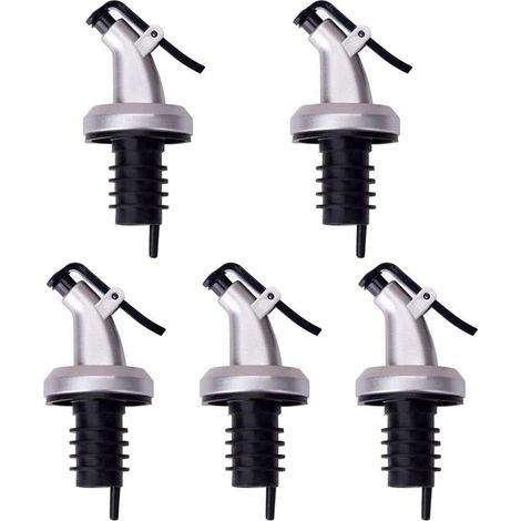 Set mit 5 Verschlusskappen mit Öl-/Essigtropfer, Polypropylen/ABS, 8,5x3 cm, schwarz/silber (1/5)