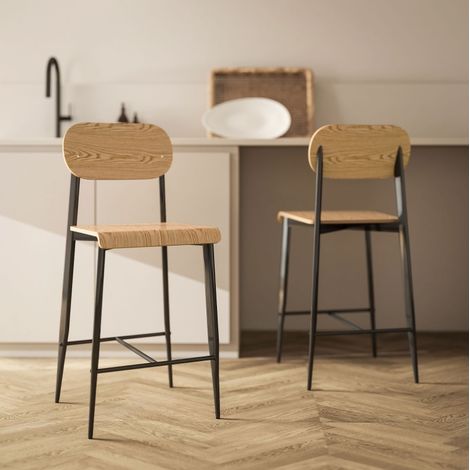Set de 2 taburetes de bar industriales con respaldo, acero, asiento de 66 cm, OKWISH (1/5)