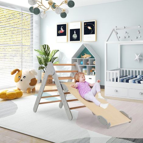 3 en 1 Triangle d'Escalade Enfant en Bois Rampe Double Face à Angle Réglable pour Grimper et Glisser Gris (1/2)