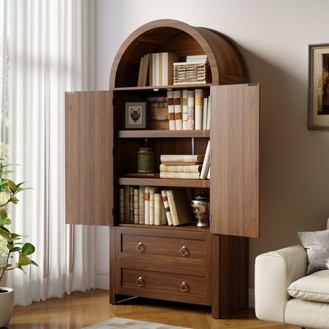 Aparador alto con puertas de ratán, ideal para salón o dormitorio, 80x40x180 cm, de MDF efecto nogal (1/5)