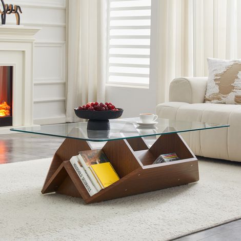 Table basse en MDF finition noyer avec plateau en verre trempé transparent et rangements ouverts (1/5)