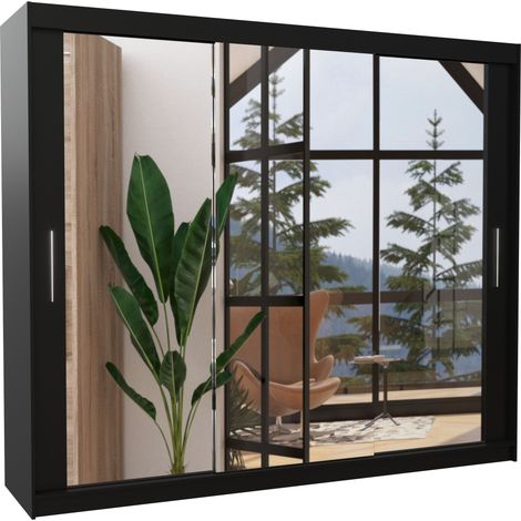 Les Tendances – Armoire de chambre 3 portes coulissantes noir mat et miroir – Largeur 250 cm – Aménagement intérieur penderie et étagères réglables – Fabrication européenne (1/5)