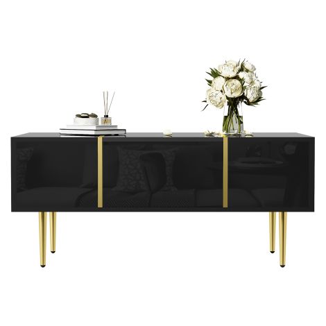 Mesa de centro moderna de color negro con acabado brillante y 2 cajones. (1/5)