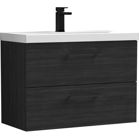 Balterley 800mm Wall Hung Bathroom 2 Drawer Vanity Unit and 1 Tap Hole Ceramic Basin, Woodgrain Black with Black Handles