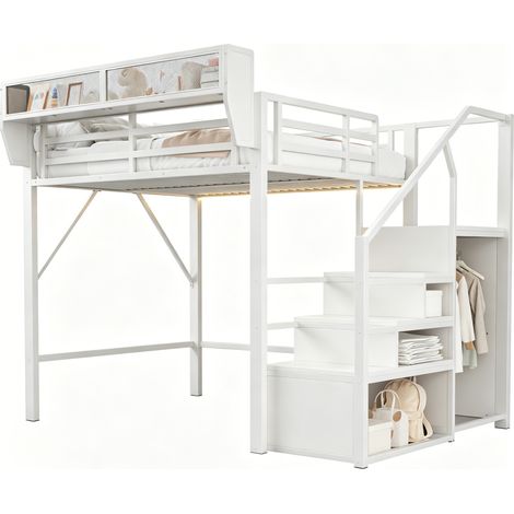 CHICFURN Cama alta 140x200 con LED, escalera de seguridad y estantes flexibles, estructura de metal blanca para dormitorio, estudio o habitación juvenil (1/5)