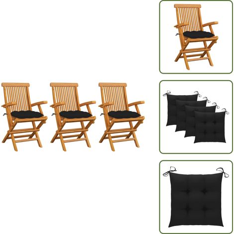 The Living Store Gartenstühle mit Schwarzen Kissen 3 Stk. Massivholz Teak - Gartensessel - Gartenmöbel - Teakholz Gartenmöbel - Outdoor Sessel - Klappbarer Stuhl (1/5)