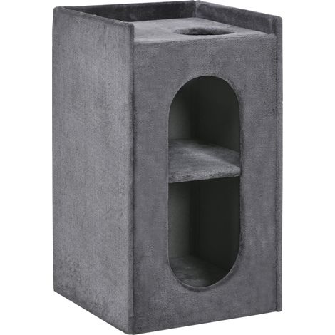 Griffoir tonneau 2 niches chat espace repos tapis sisal peluche gris naturel