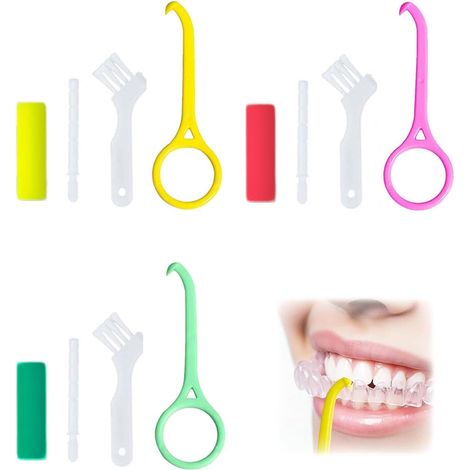 Outil de Retrait d'Aligner Invisible 3 Pièces,Crochet Dentaire pour Gouttières Dentaires,Aligneurs - Kit de Nettoyage et Enlèvement Sécuritaire pour Soins Bucco-Dentaires(Jaune, vert, rose) (1/5)