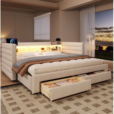 Cama nido moderna de terciopelo beige 90x190 cm, extensible con LED, USB-C, 2 cajones y compartimentos (1/5)