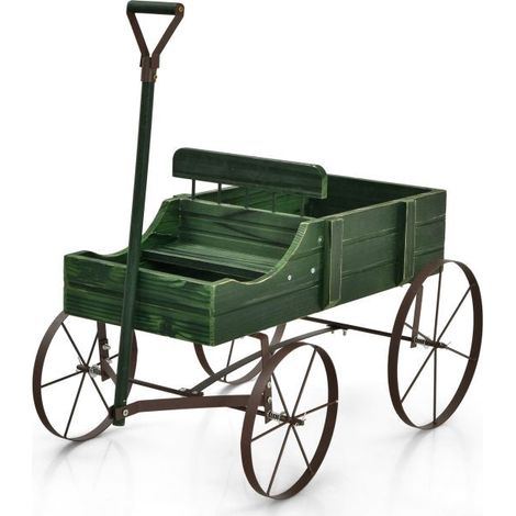 Wood Wagon Planter Cart, Adjustable Handle, 4 Wheels, Green (1/5)