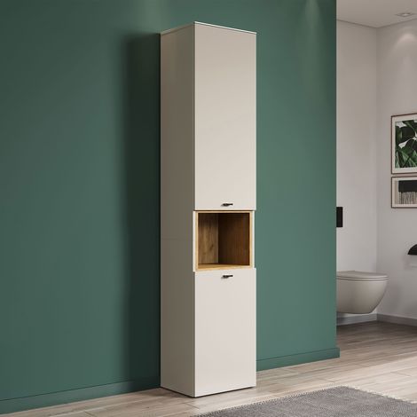 Colonne de salle de bain 2 portes 1 niche beige et chêne clair - AMAZA