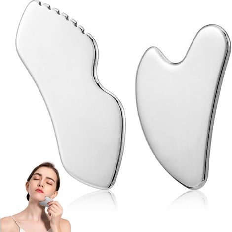 Paquete de 2 herramientas Gua Sha de acero inoxidable - Herramienta facial Gua Sha - Herramienta de masaje corporal y facial - Herramienta duradera para moldear la mandíbula - Masajeador facial (1/5)